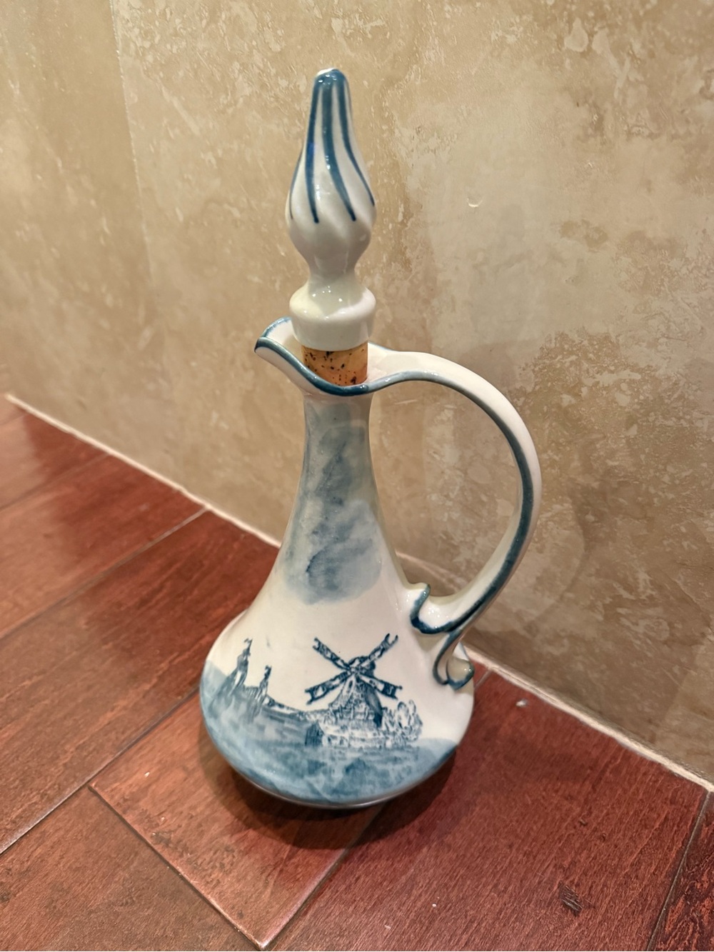 Vintage Ceramic Cruet Pitcher Lubbi  Trumpocz FRANCE BLUE WINDMILLS with Stopper